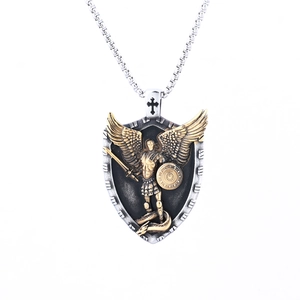 Saint Michael archangel shield pendant necklace in two-tone gold and silver metal