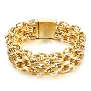 Bracelet homme hip hop or acier inoxydable 316L triple chaîne O avec large fermoir à pression