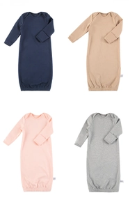 Four organic cotton baby sleeping gowns in navy blue, khaki, pink, and heather grey tones