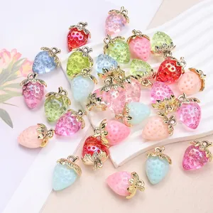 Colorful strawberry resin charms with golden leaf caps for DIY jewelry making
