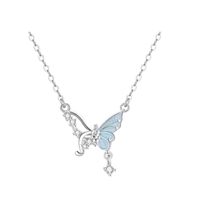Elegant silver butterfly pendant necklace with light blue enamel and sparkling white zircons