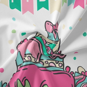 Detailed macro shot of bohemian birthday tapestry fabric with colorful cartoon print