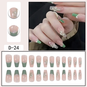 Morandi green press-on nails with 3D white flowers and pearls, 24pcs medium ballet style
