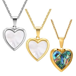 Golden heart locket necklaces with white shell and abalone inlay on O-chains