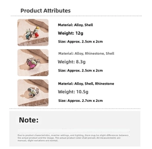 Detail specifications of colorful shell rings showing weight, size, and alloy texture