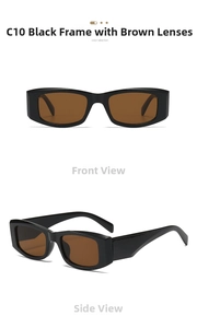 Detail view of square black thick frame sunglasses with brown lenses from front and side angles
