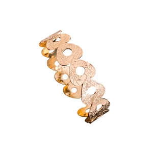 Minimalist rose gold open cuff bracelet featuring hollow heart links with floral carvings