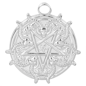 Detailed relief of pentagram and goat heads on polished stainless steel pendant