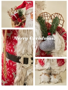 Macro shot of Santa doll details with red knit pattern, fur trim, and golden buckle decoration