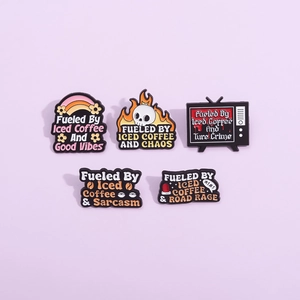 Set of 5 colorful enamel pins featuring humorous iced coffee quotes on pink background