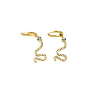 18K gold plated stainless steel snake earrings with pavé zircons and green stone eyes