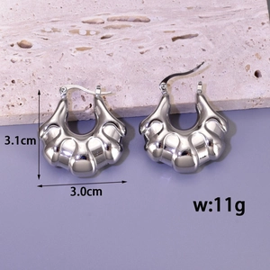 Minimalist hollow C-shaped silver stainless steel earrings with wavy shell texture design