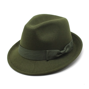 Cappello fedora in lana verde oliva scuro con nastro grosgrain e fiocco piatto