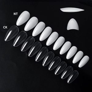 Detailed size range and side profile of NT white and CK clear stiletto nail tips set