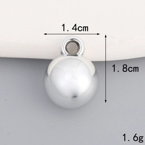 Detail of silver UV plated round ball pendant showing dimensions 1.4cm by 1.8cm and 1.6g weight