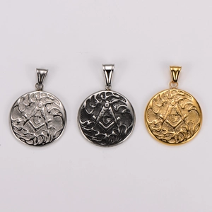 Set of three vintage Freemason stainless steel round pendants in silver, black and gold