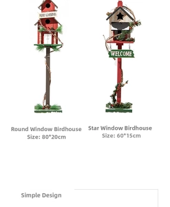 Detail of wooden birdhouse stakes with pine needles and Merry Christmas berry decor