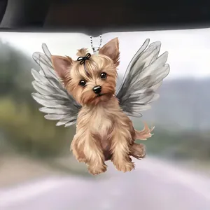 Cute Yorkshire Terrier with angel wings acrylic car charm hanging from rearview mirror