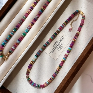 18k gold plated natural stone beaded necklace with multi-color gems and adjustable chain