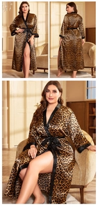 Detail of plus size leopard print satin robe with silk-like finish and black contrast trim