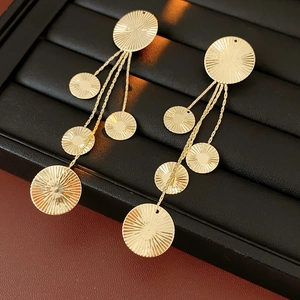 Detail of tiered golden circular metal fringe earrings with textured radial finish