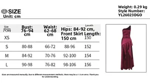 Detailed size guide table for women's satin maxi dress with body measurements in cm