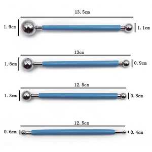 Detail view of 4 double-headed blue ball stylus tools with precise size measurements