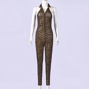 Detail of leopard print mesh bodysuit featuring a front zipper and high collar neck