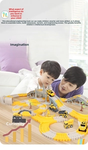 Detailed construction race track set with flexible tracks, bridges and mini trucks
