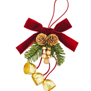 Christmas ornament with red velvet bow, pine cones, and gold bells on white background