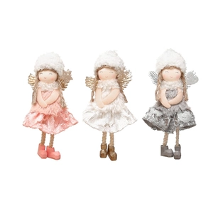 Set of 3 plush Christmas angel dolls with lace skirts in pink, white, and grey colors