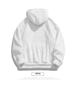 Back view of plush white fleece hoodie showing thick texture and ribbed hem detail