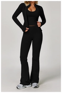 Ensemble de fitness noir 3 pièces avec veste zippée, brassière et pantalon évasé