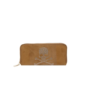 Brown faux suede long wallet with silver stud skull and crossbones design on white background