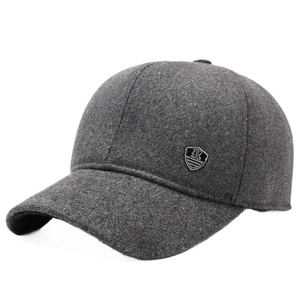 Men's winter baseball cap with ear flaps in dark grey felt fabric with metal logo