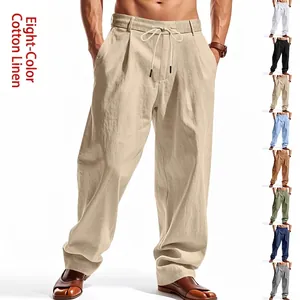 Men Casual Linen Pants Loose Straight Leg Drawstring Elastic Waist Solid Color Breathable Beach Trousers