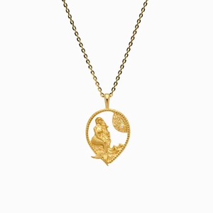 Gold plated mermaid pendant necklace with carved sea waves and sun for summer beach style