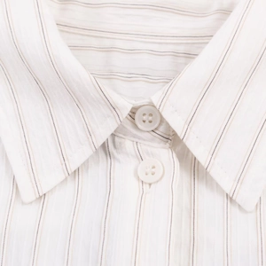 Classic white vertical stripe shirt featuring a crisp lapel collar and button detail