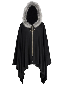 Detail of black hooded poncho featuring grey faux fur trim and gold chain zipper closure