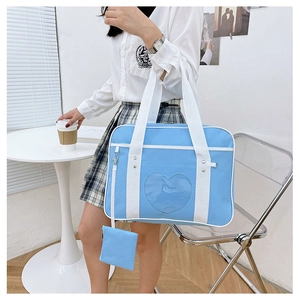 Blue JK uniform ita bag with heart-shaped transparent window and shoulder strap