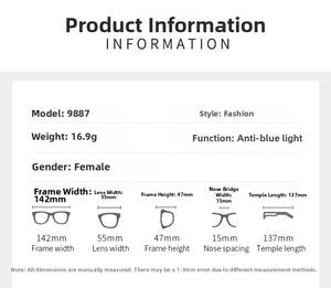 Detailed size chart for women's retro cat-eye blue light blocking glasses frame
