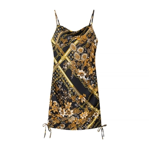 Mini robe sexy à imprimé baroque doré avec cordons latéraux et aspect satiné