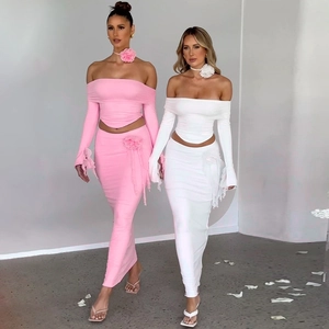 Elegant Off Shoulder Long Sleeve Top And Bodycon Long Skirt Ribbed Knit Polyester Spandex With Floral Decoration For Women