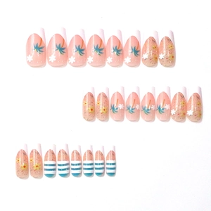 Floral French press-on nails with summer palm trees and blue stripes in long square shape