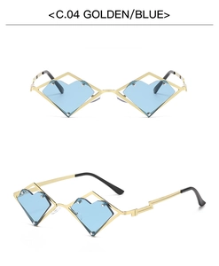 Detail view showing golden metal heart-shaped sunglasses with blue lenses from two angles