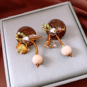 Bohemian Ethno Ohrhänger Mit Silver Earring Post Holz Kokosnussschale Glasperle Künstliche Perle Vintage Schmuck Damen
