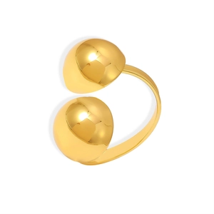 Modern 18k gold plated open ring featuring two polished spherical ends on white background