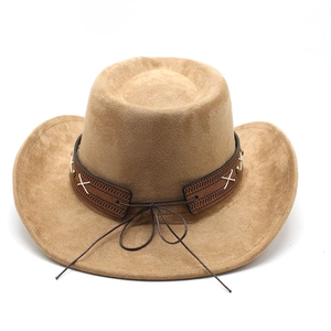 Classic camel faux suede western cowboy hat with leather band and metal rivet details