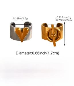Detailed size specifications for gold and silver stainless steel heart and OT buckle rings