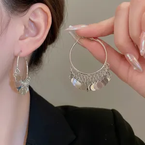 Large Hoop Earrings With Round Sequin Tassels Bohemian Style For Women With 925 Sterling Silver Earring Post